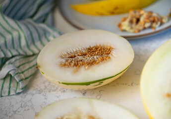 Canary and Snow Leopard Melon on Quartz Counter