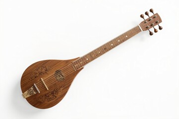 Naklejka premium Studio shot of ornate wooden mandolin, isolated on white background