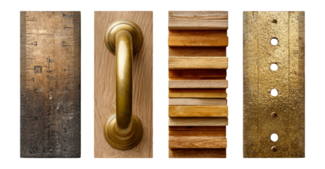 Vintage Ruler, Door Handle, Wooden Blocks, and Metal Strip Isolated