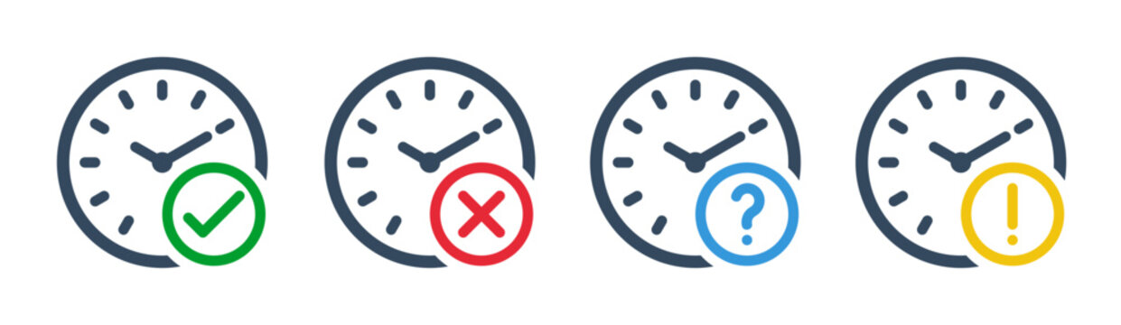 green check and red cross symbols, blue question mark and yellow exclamation point, clock or stopwatch thin line vector icons set