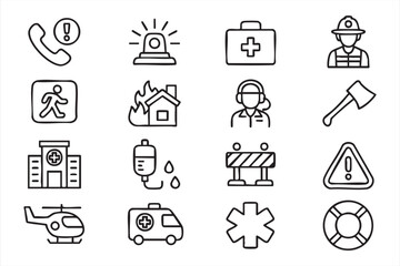 Disaster Response and Safety Line Icons – Medical, Fire and Civil Defense Symbols