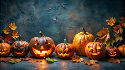 Fototapeta premium Spooky Halloween Jack o Lanterns Glowing with Autumn Leaves on Dark Background