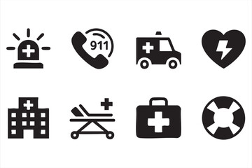 Emergency Medical Aid Silhouette Vector Icons – Healthcare and Safety Symbols