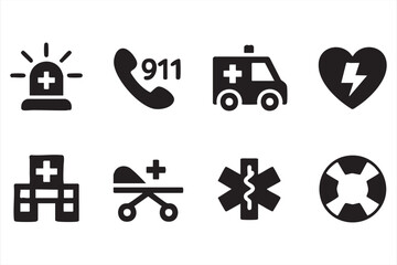 Vector Icons of Healthcare Emergency – Rescue, AED, Lifebuoy and Paramedic Symbols