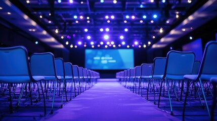 Obraz na płótnie Canvas A conference hall with rows of empty chairs and a stage with a screen in the background.