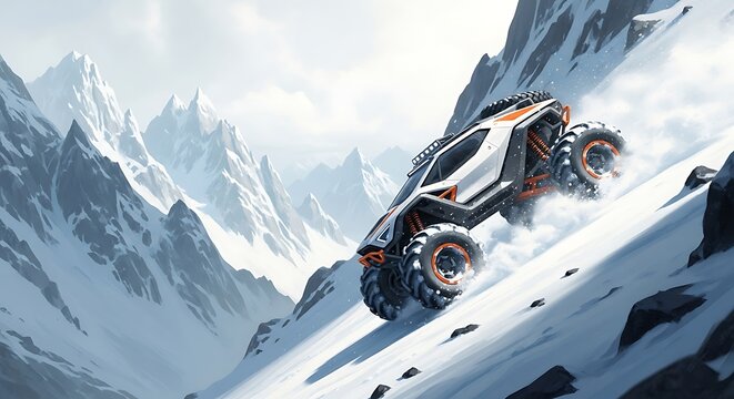 Futuristic Off-Road Vehicle Conquering Snowy Mountain Landscape. - Powered by Adobe