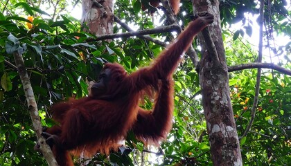 Naklejka premium A magnificent orangutan relaxes and rests high within a lush tropical forest canopy.
