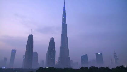 A towering city skyline, shrouded in soft morning mist, showcases the impressive Burj Khalifa amidst a dense collection of modern skyscrapers.
