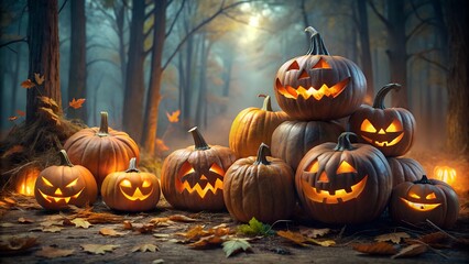 Obraz premium Eerie Halloween Night Scene with Glowing Jack O Lanterns in a Spooky Forest