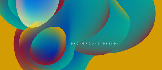 Fototapeta premium Abstract fluid shapes overlap, creating vibrant color gradients. Yellow backdrop complements blue, green, red hues. Modern design element.