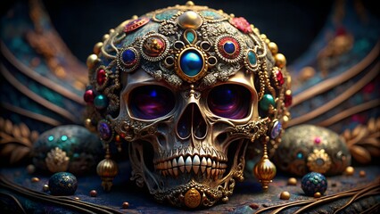 Fototapeta premium Ornate jeweled skull with vibrant colors and intricate details a fantasy art piece