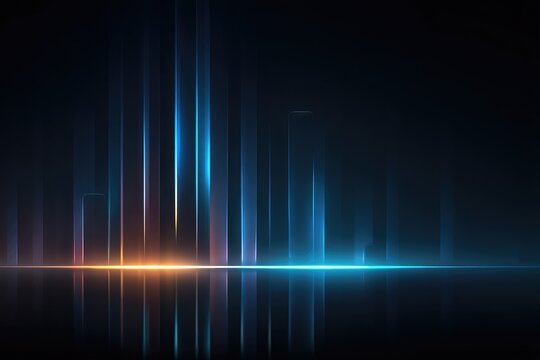 Futuristic city skyline, vibrant glowing lines, dark background, reflected light