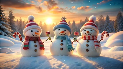 Obraz premium Three Cheerful Snowmen Enjoying a Beautiful Winter Sunset in a Snowy Forest