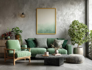 Inviting green living room showcasing modern design with natural elements and a calming atmosphere