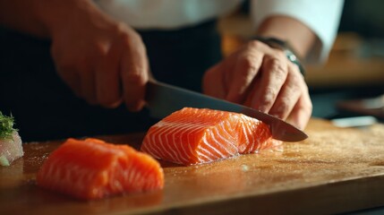 A chef slicing a piece of salmon on a wooden board with a knife food preparation