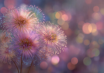 Fototapeta premium Colorful fireworks illuminate the pastel sky, creating a dreamy celebration of light and color