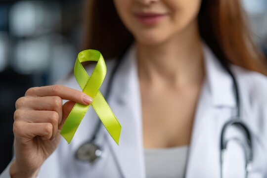Doctor showing a lime green awareness ribbon, for causes such as Lymphoma, childhood cancer, Liver Disease and mental health awareness - Powered by Adobe