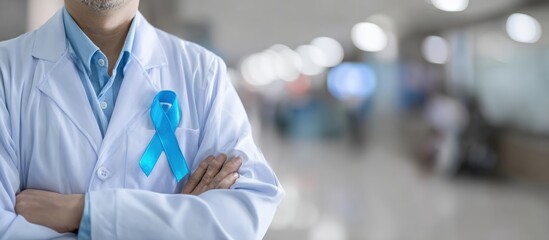 Doctor with crossed arms wearing light blue ribbon supporting prostate cancer awareness, colon cancer awareness, or men's health