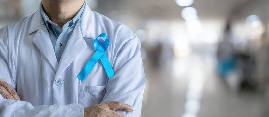 Doctor with crossed arms wearing a light blue ribbon showing support for prostate cancer awareness