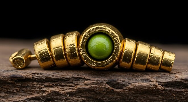 Close-up shot of a golden pendant with a green gemstone set on a textured surface.