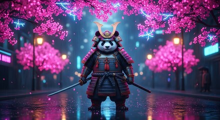 Cyberpunk Panda Samurai in Cherry Blossom Rain, Digital Art