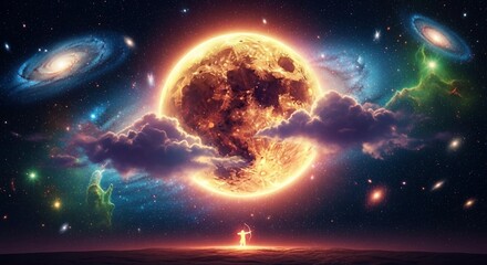 Obraz premium Cosmic Reverie: A solitary figure stands in awe beneath a mesmerizing cosmos. The scene is dominated by a luminous celestial body, haloed by ethereal nebulas and distant galaxies.
