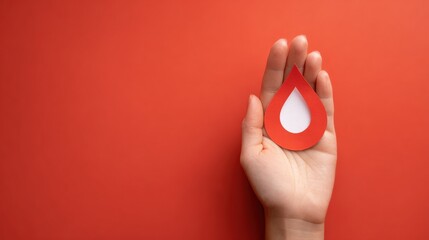 Hand holding paper blood drop on red background promoting world blood donor day and importance of blood donation