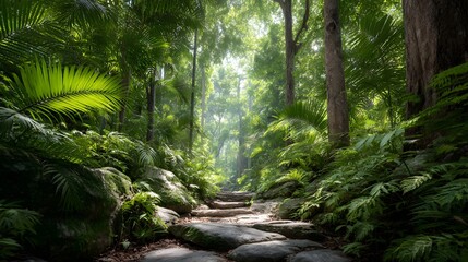 Obraz premium A hidden jungle creek trail surrounded by lush tropical plants