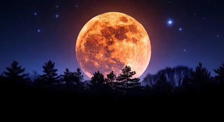 Fototapeta premium Celestial Embrace: A majestic blood moon casts its ethereal glow across a serene night landscape. The foreground, a silhouette of forest trees, provides a stark contrast to the bright, red moon.