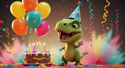 Cute cartoon tyrannosaurus rex dinosaur celebrating birthday with cake and balloons