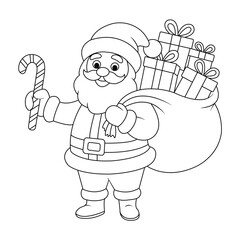 Santa Claus with gifts and candy cane outline line art doodle cartoon illustration. Christmas theme coloring book page activity.