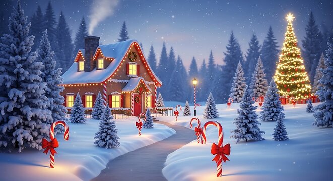 Cozy illuminated cabin nestled in a snowy forest with a decorated christmas tree and candy canes - Powered by Adobe