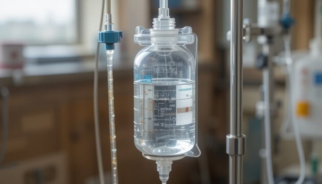 Close-up of an intravenous IV drip bag with saline solution hanging on a metal stand in a hospital room.