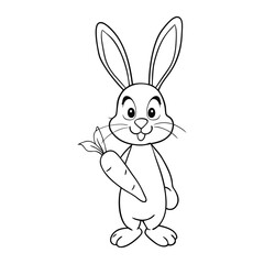 Adorable rabbit cartoon holding a big carrot, drawn in simple vector style. Perfect as a fun and cute coloring page for kids, sparking joy and creativity.
