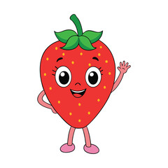 A cute cartoon strawberry with a sweet smile, big eyes, and a green leafy top, happily presenting with her hand in a friendly gesture, full of charm and joy.
