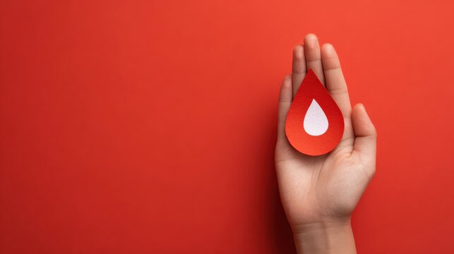 Hand gently holding a symbolic paper blood drop, highlighting the importance of blood donation on a vibrant red background