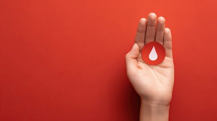 Fototapeta premium Hand showing red circle with white blood drop promoting blood donation, healthcare and medical support