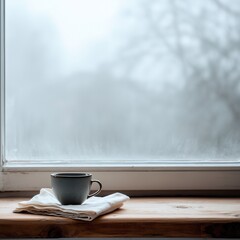 Minimal still life with a narrow wooden windowsill at the bottom center, holding a small black empty teacup and a folded off-white linen napkin