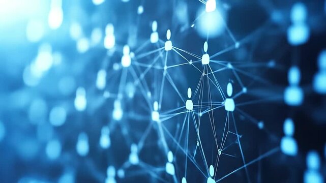 Blue network illustration Stylized figure icons linked by lines creating a weblike pattern on a dark background