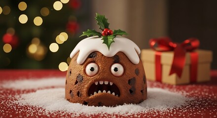 Scared christmas pudding with wide eyes and open mouth on a festive table with bokeh lights