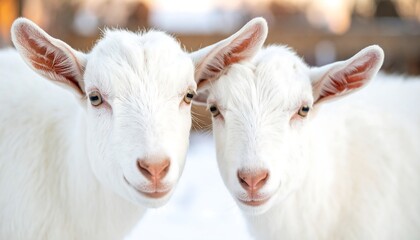 Two adorable, white baby goats, facing forward, look directly at the camera in a close-up portrait.