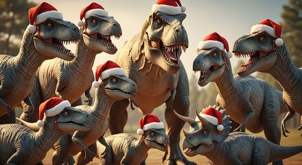 A festive group of tyrannosaurus rex dinosaurs wearing santa hats celebrating christmas together