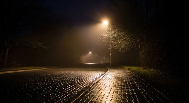 Eerie Nightscape: Foggy Street Illuminated by a Single Streetlight with Bare Tree Branches