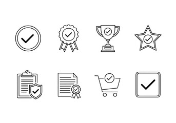Eight icons with check marks including a trophy, shopping cart, and a document with a seal
