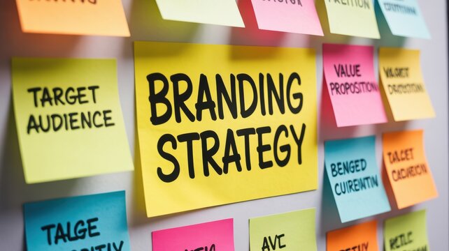personal branding startups concept. Colorful sticky notes with branding strategies and marketing terms displayed on a wall.
