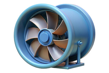 Obraz premium Powerful industrial fan with blue casing and visible blades on a black backdrop transparent background