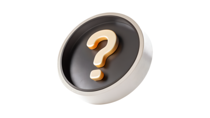 Golden question mark icon on a dark button on transparent background on white background