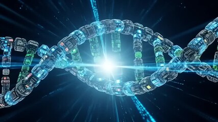 Futuristic DNA strand composed of digital elements glowing in a high-tech environment - Powered by Adobe