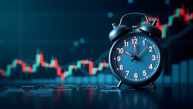 An abstract concept of time trading, featuring a clock with moving hands and stock market graphs in the background. Representing time as a valuable asset in the financial world.