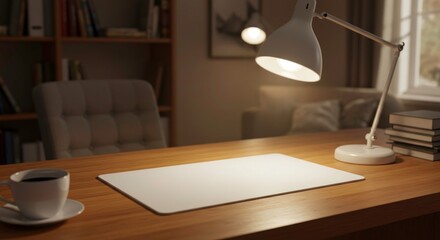 Cozy workspace with lamp, coffee, and books at dusk
